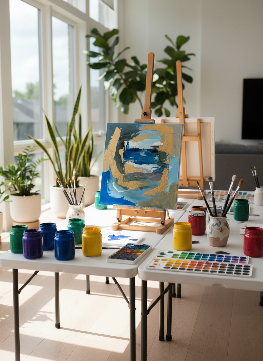 A meticulously arranged mobile art studio setup inside a bright, contemporary living room, with modular white folding tables covered in neatly organized high-quality art supplies: richly pigmented acrylic paints in glass jars, premium watercolor pans, soft natural-bristle brushes in ceramic holders, and crisp cotton canvases on tabletop easels. Sunlight pours through large windows, reflected softly off pale wooden floors and a few curated houseplants in the background. The scene is photographed at eye level with a shallow depth of field, focusing on the central easel where a sophisticated abstract painting is in progress. The atmosphere feels inviting yet refined, emphasizing professional-grade materials and a bespoke, on-location creative experience in polished photographic realism.